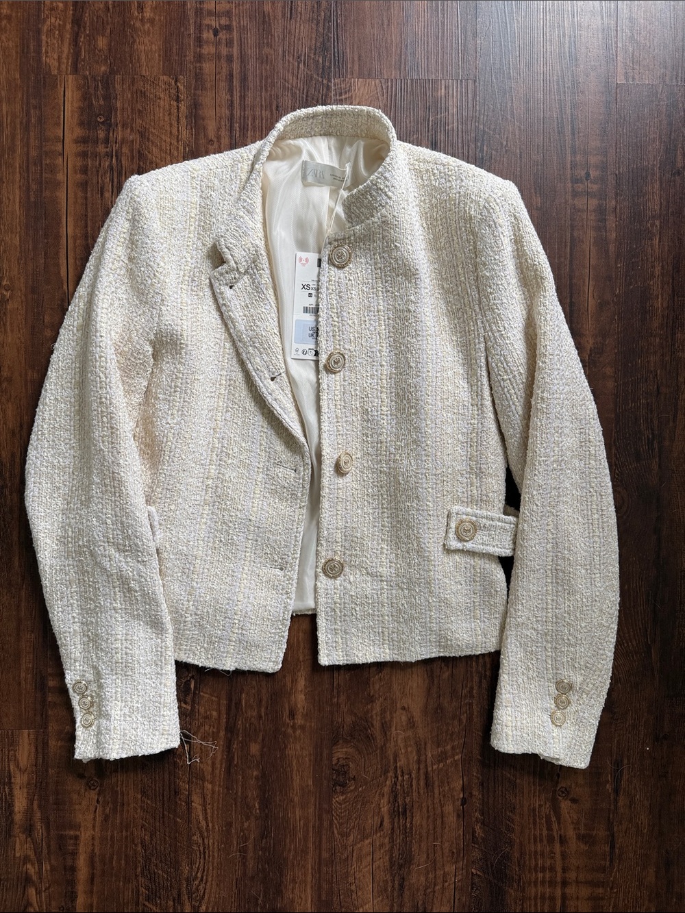Zara Cream Bouclé Cropped Button Jacket